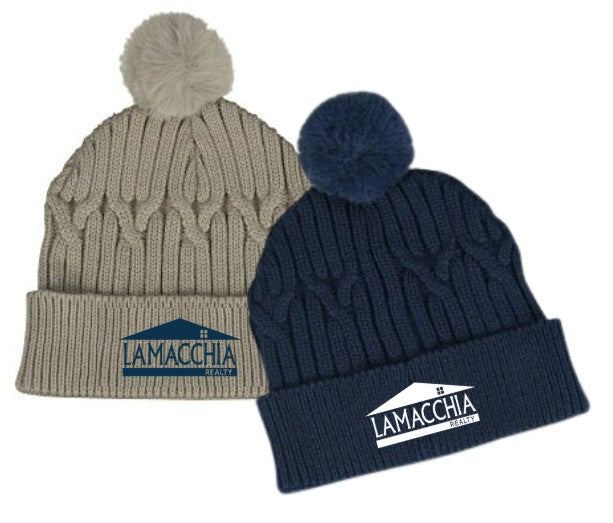 Pom Beanies - Beige + Navy